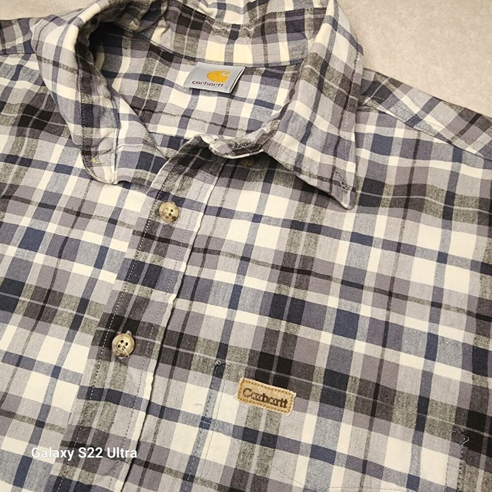 Men's XL Carhartt Button Shirt Short Sleeve White Blue Grey Plaid Midweight